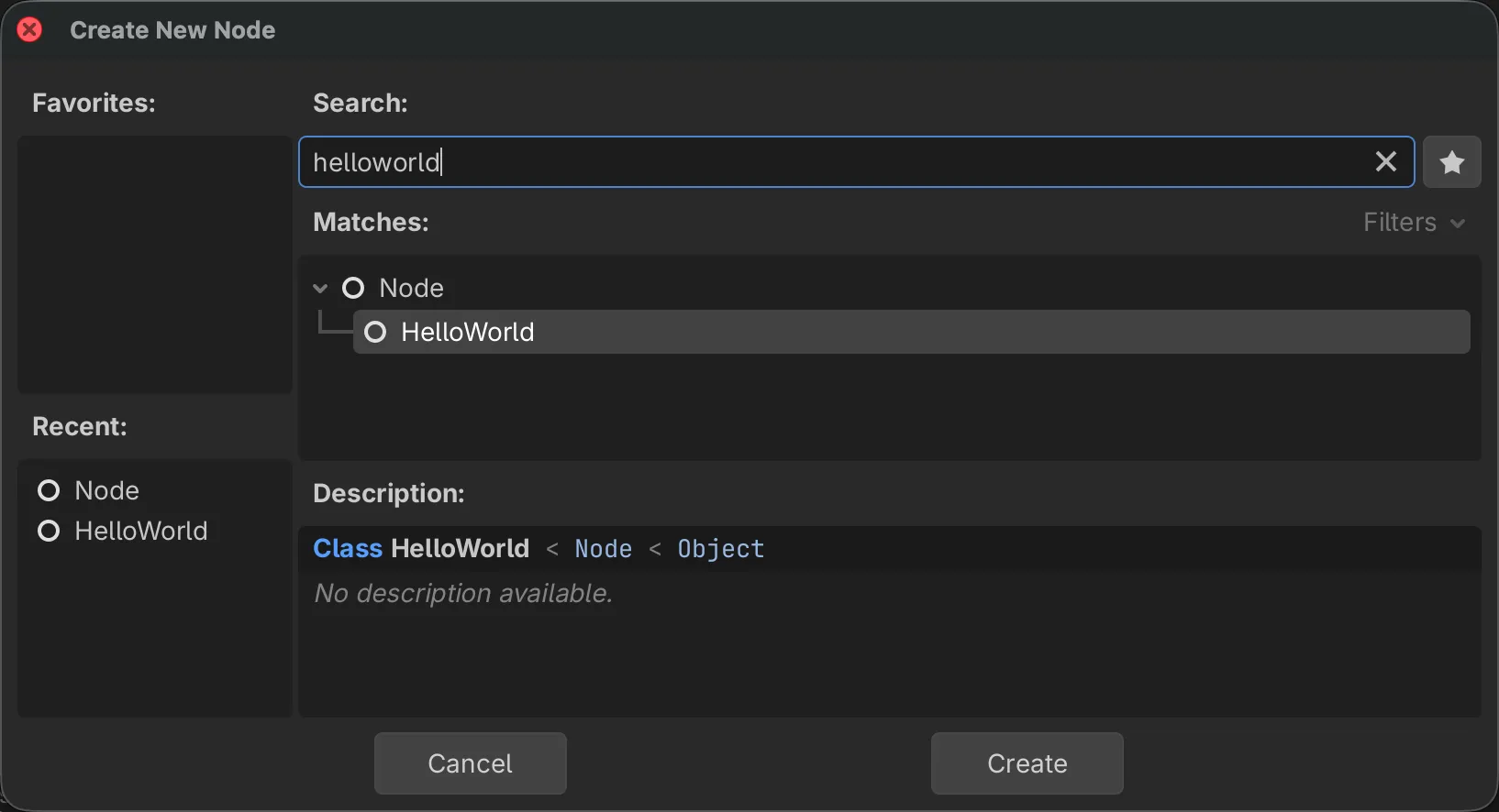 The Create New Node dialog with the HelloWorld class found under Node